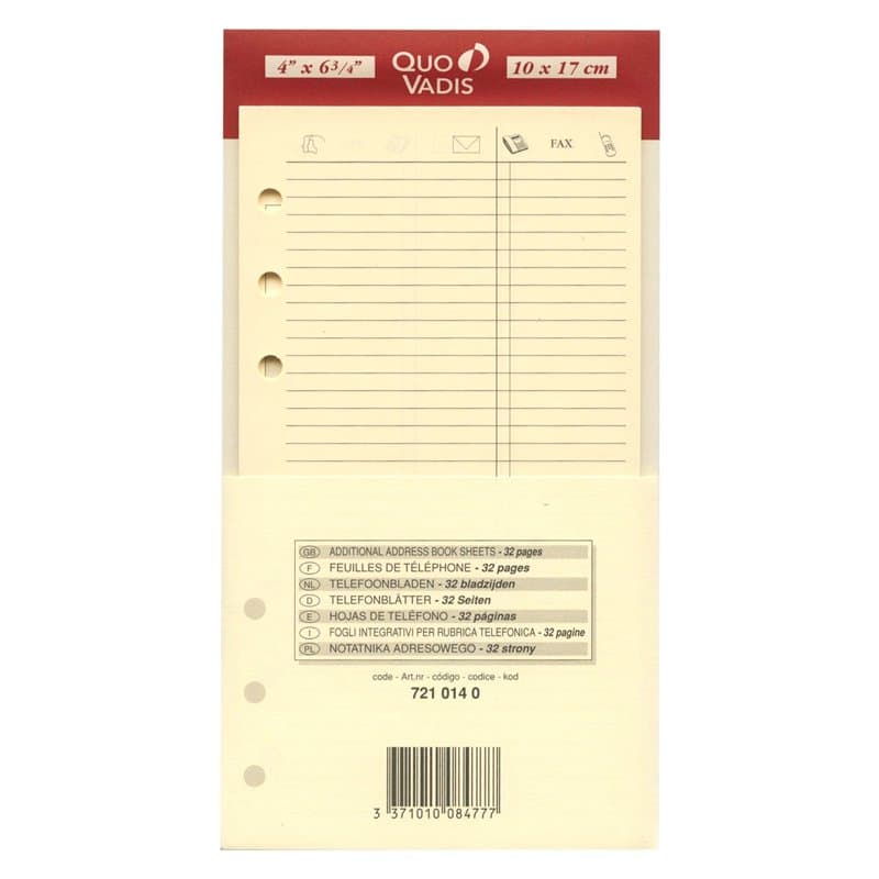 Quo Vadis - Accessoires de TIMER - Recharge FEUILLES TELEPHONE pour TIMER 17 - Papier ivoire Clairefontaine - Format 10x17cm