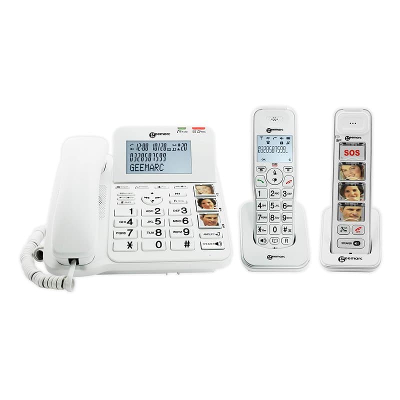 Geemarc Pack Senior - Téléphone Fixe Amplifié et Ses Combinés Additionnels avec Répondeur et Larges Touches Photo Personnalisabl