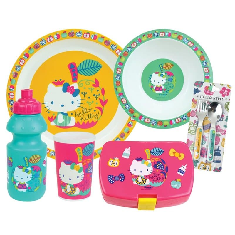 HELLO KITTY LOT VAISSELLE POUR ENFANT AVEC 1 VERRE 220 ML, 1 ASSIETTE CREUSE Ø 16 CM, 1 ASSIETTE Ø 22 CM, 1 GOURDE 350 ML, 1 BOI
