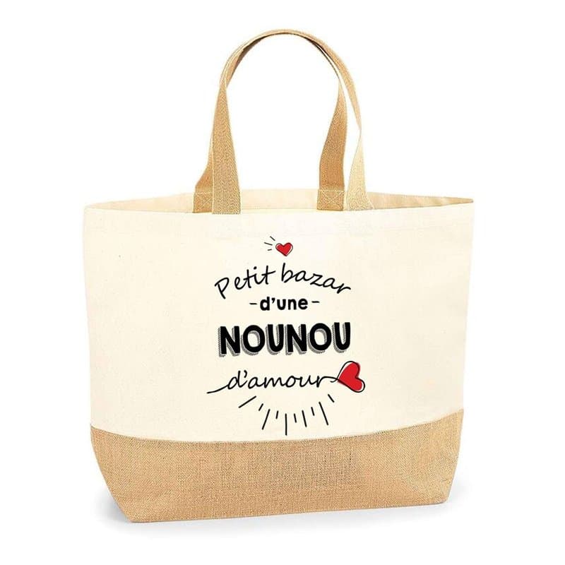 Sac Nounou d'Amour | Cabas de Plage Courses Coton et Toile de Jute Idée Cadeau Femme