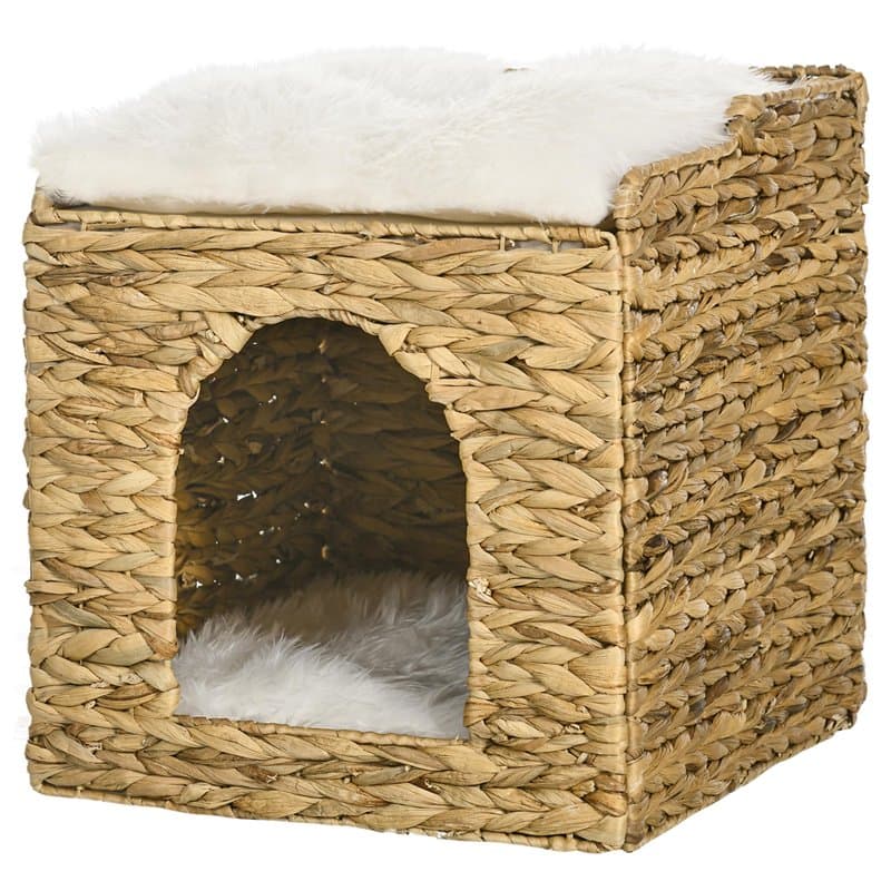PawHut Maison à Chat Niche pour Chat à 2 Niveaux avec 2 Coussins en Jacinthe d'eau - 37,5 x 37,5 x 41,5 cm Marron, crème