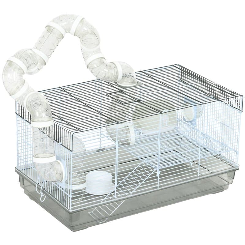 PawHut Cage pour Hamster et Rongeur avec Tunnel, Accessoires Inclus, Poignée, Fil d'Acier, 58 x 32 x 31 cm, Gris