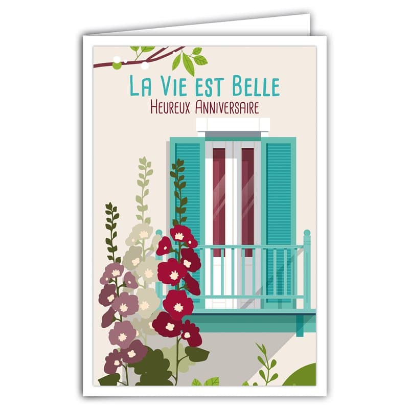 AFIE 69-4327 Carte Heureux Anniversaire avec Enveloppe - Mini Posters Format 17x11,5cm - La Vie est Belle Fleurs Roses Trémières