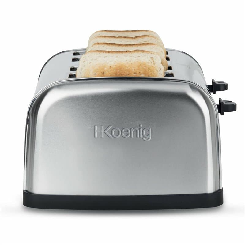 H.Koenig TOS14 Grille Pain Toaster 4 Tranches Fentes larges Inox vintage, 6 Niveaux de brunissage, Décongélation, Rapide et unif