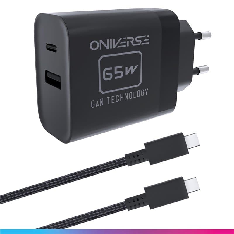 Oniverse Adaptateur AC 65W, double port USB-C & USB-A - Chargeur Switch 2, Switch, OLED, Lite, PC, Steam Deck, Android, 1.5 Mètr