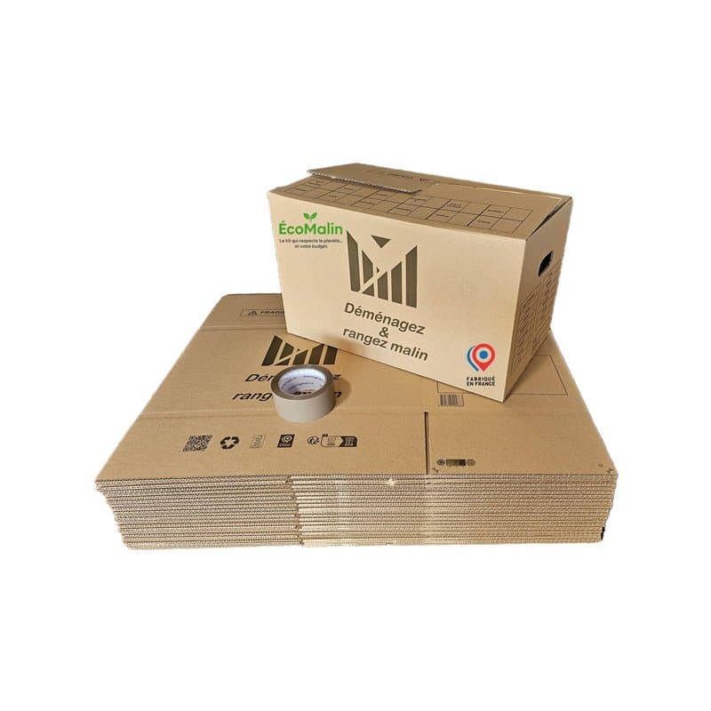 Lot de 20 Cartons de Déménagement 50x30x30 cm avec Poignées Renforcées, Double Épaisseur, Adhésif 68 m