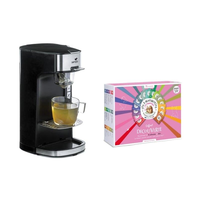Senya Set Machine à thé, théière électrique Noire Tea Time & Le Coffret Découverte Comprenant 72 sachets -Les 2 Marmottes, Plast