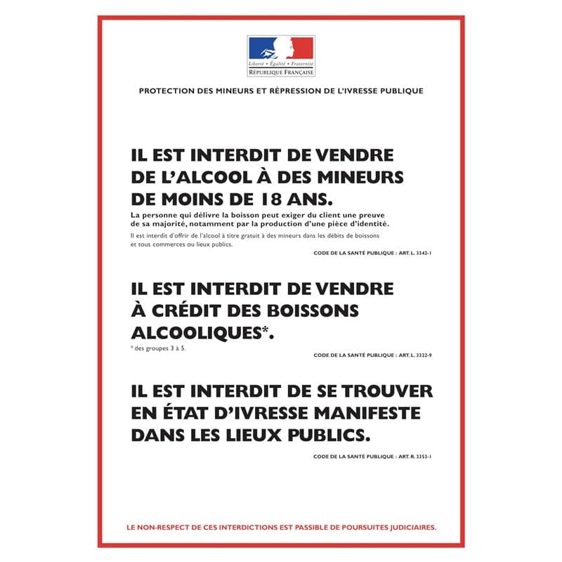 Affichage obligatoire pour les débits de boissons de vente à emporter - format portrait - Affichage format A4 plastifié, Matt.