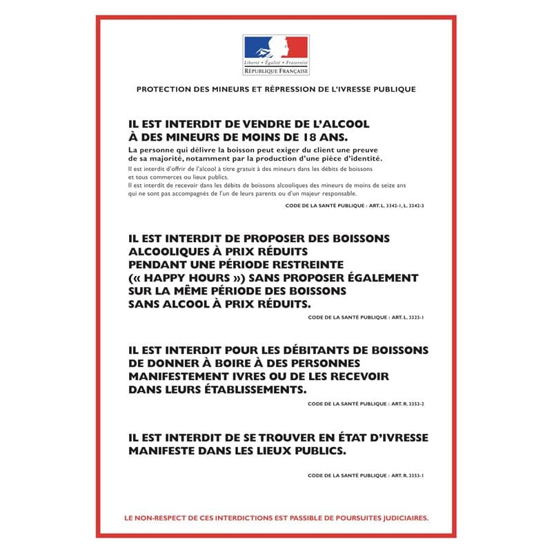 Affichage obligatoire pour les débits de boissons de vente sur place - format portrait - Affichage format A4 plastifié, Matt.
