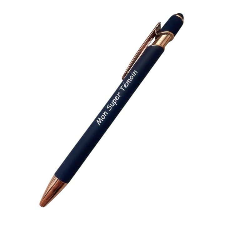 Stylo en métal bleu nuit gravé "Mon Super Témoin" livré avec sa petite pochette noire en velours, cadeau Noël, cadeau anniversai