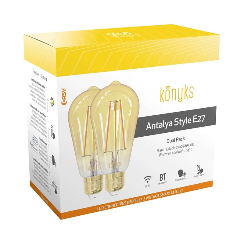 Ampoules connectées Vintage Konyks Antalya Style - Lot de 2 LED Wi-FI + Bluetooth E27, 806 Lumens, 7 Watts, Blanc réglable de 27