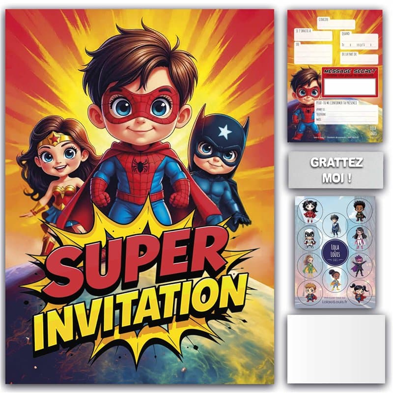 Lola et Louis (L&L) 10 Cartes Invitation Enfants avec Enveloppes pour fille et garçon • MESSAGE SECRET À GRATTER • Thème Super-H