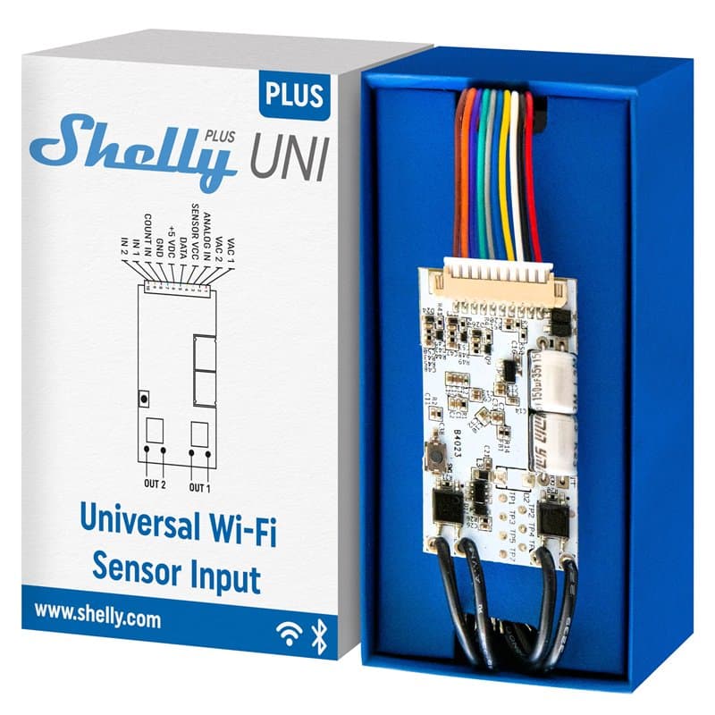 Shelly Plus Uni - Module d'automatisation Wi-Fi Domotique, 8-24 V AC, 9-28 V DC, Contacts secs, Compatible avec capteurs analogi