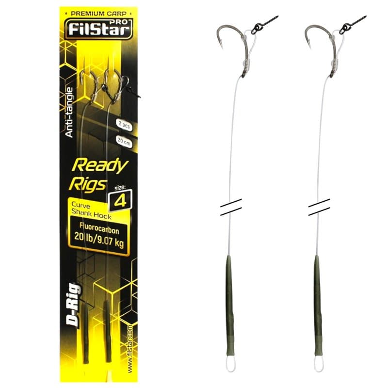 PRO FILSTAR Hameçon de pêche à la carpe D-Rig N4, bas de ligne fluorocarbone 20 cm 9 kg, Аnti gewangle Sleeve - Curve Shank Hook