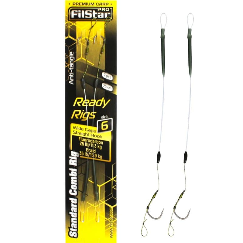 PRO FILSTAR Hameçon de pêche à la carpe Combi Rig Wide Gape N6, bas de ligne en fluorocarbone 20 cm, manchon d'angle, cordon tre