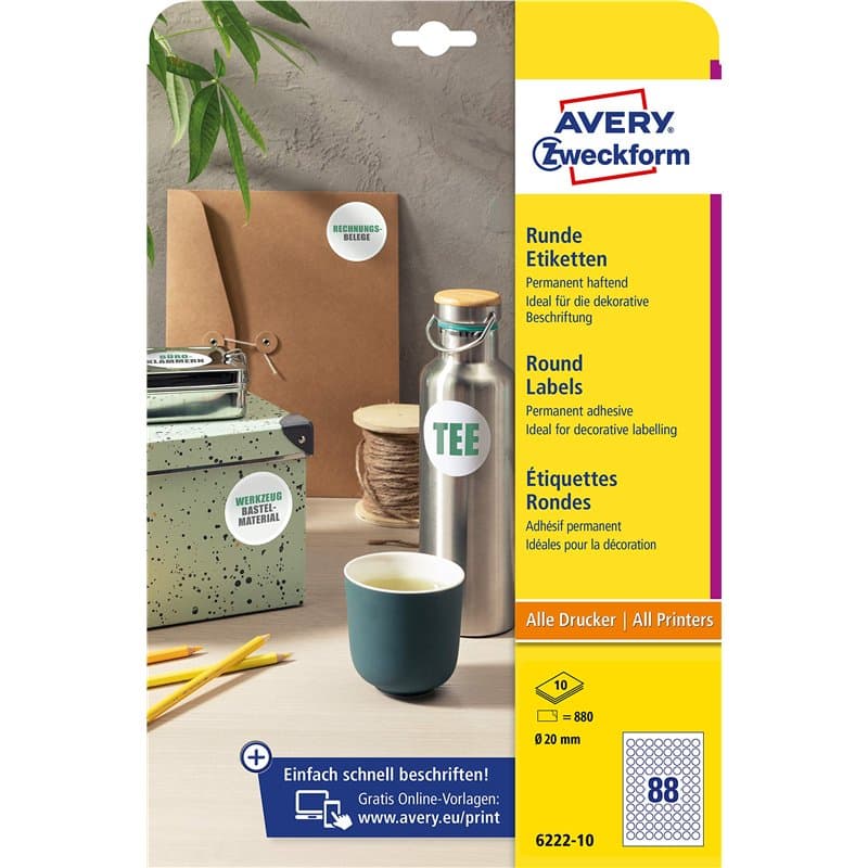 Avery Zweckform 6222-10 Étiquettes rondes (880 pastilles adhésives, Ø 20 mm sur A4, autocollants ronds à imprimer, étiquettes de
