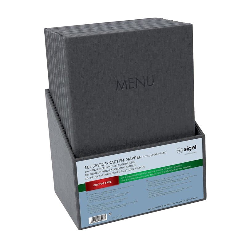 SIGEL SM204 Lot de 10 Protège-menus à cordon élastique avec 2 pochette transparent pour 8 feuilles DIN A4 et boîte de rangement,
