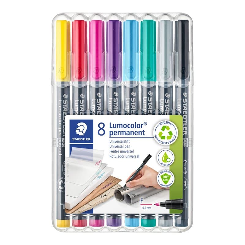 Staedtler - Lumocolor Permanent 318 - Etui Chevalet Staedtler Box 8 Feutres Permanents Pointe Fine 0,6 mm Assortis - 318 Wp8
