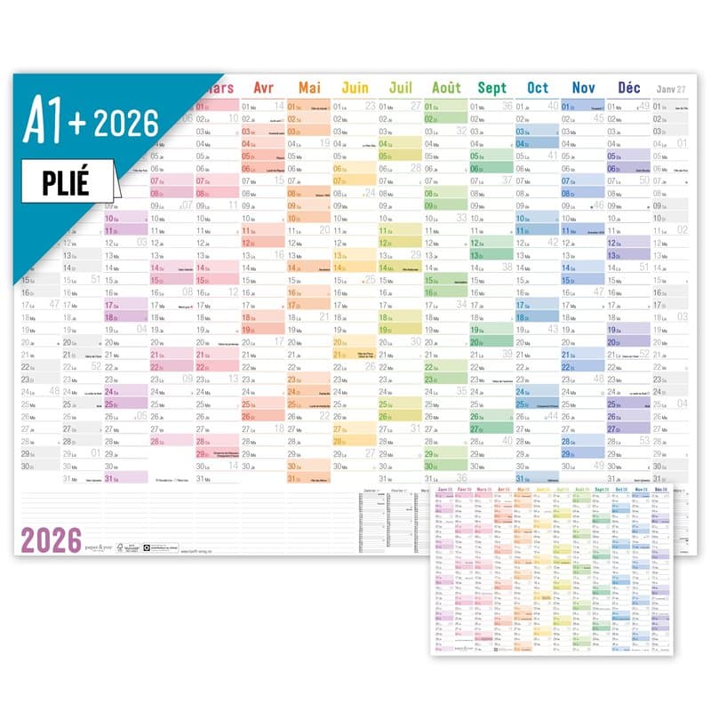 Häfft® Calendrier mural XXL 2026 A1+ en français (63 x 89 cm) plié "Rainbow" + agenda annuel A4 gratuit, avec jours fériés de la