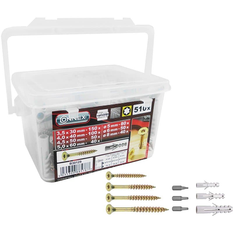 Connex B30129 Assortiment de 510 Vis universelles 4 sortes TX avec chevilles adaptées