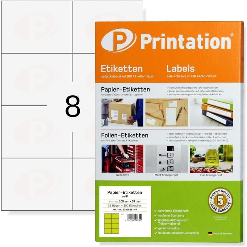 Printation Étiquettes Autocollantes Multi-usages 105 x 74 mm, 200 Étiquettes Adresse blanches autocollantes imprimables - 25 feu