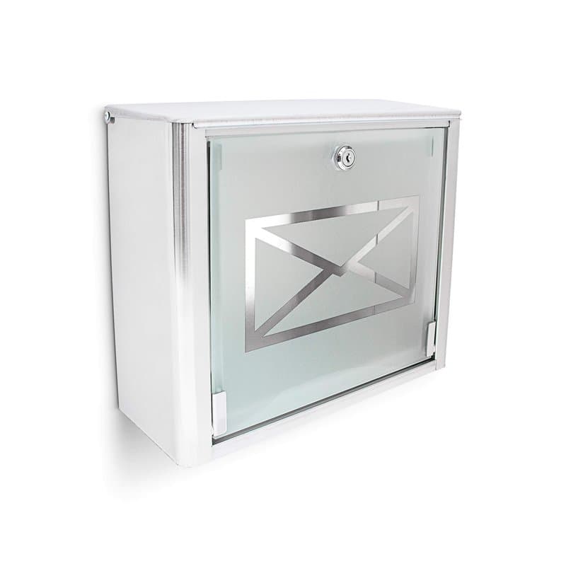 Relaxdays Boîte aux lettres murale en Inox avec porte en verre opal motif enveloppe 30,5 x 35,5 x 14 cm, gris argenté