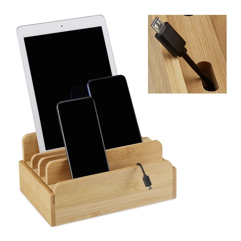 relaxdays Station de Recharge en Bambou, Plusieurs appareils, tablettes & Smartphone, câble, 10x22,5x15 cm, Nature