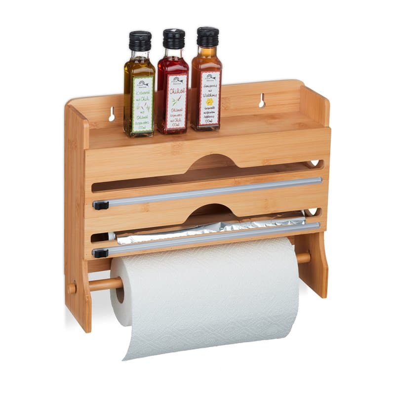 Relaxdays Distributeur Mural, Papier Aluminium, Film Alimentaire, essuie-Tout, Bambou, HxLxP : 31x39,5x11 cm, Nature
