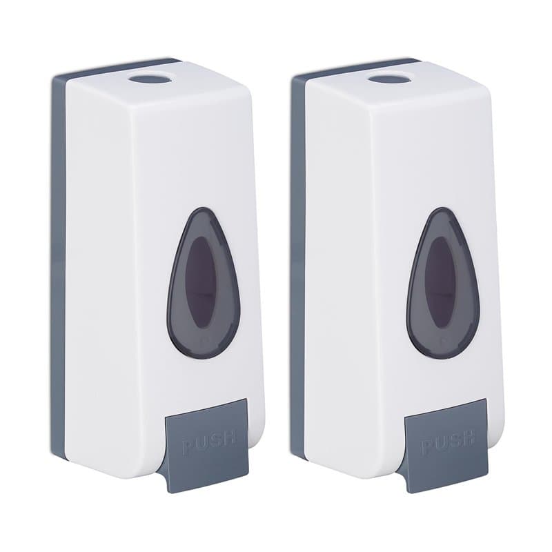 Relaxdays Distributeur de Savon Mural, Lot de 2, Porte-Savon Liquide avec Pompe, HLP : env. 19x8x8 cm, Blanc/Gris