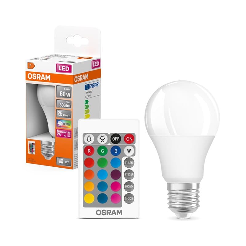 OSRAM Ampoule LED | Culot: E27 | Blanc chaud | 2700 K | 9 W | équivalent à 60 W | dépolie | LED Retrofit RGBW avec télécommande