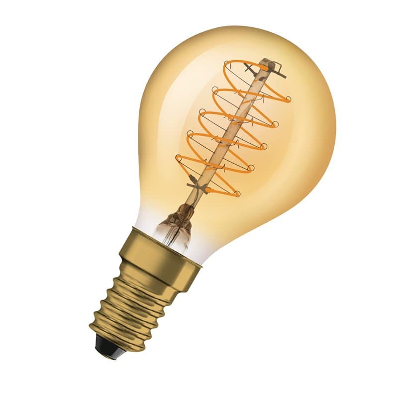 OSRAM Vintage 1906 gold tinted LED lamp, 3.4W, 250lm, classic round shape (Classic P) with E14 base, warm white light, spiral fi
