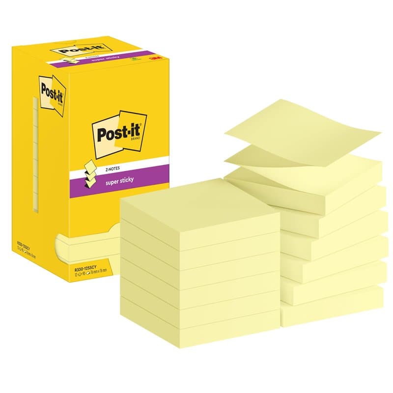 Post-it Z-Notes Autocollantes Super Sticky, Pack de 12 Blocs, 90 Feuilles par Bloc, 76 mm x 76 mm, Jaune Pastel - Feuillets Supe