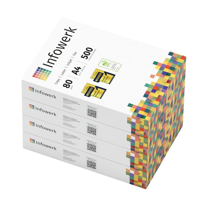 Infowerk Lot de 2000 feuilles de papier A4 pour imprimante et photocopieur, 4 x 500 feuilles A4, 80 g, blanc brillant CIE 160, c