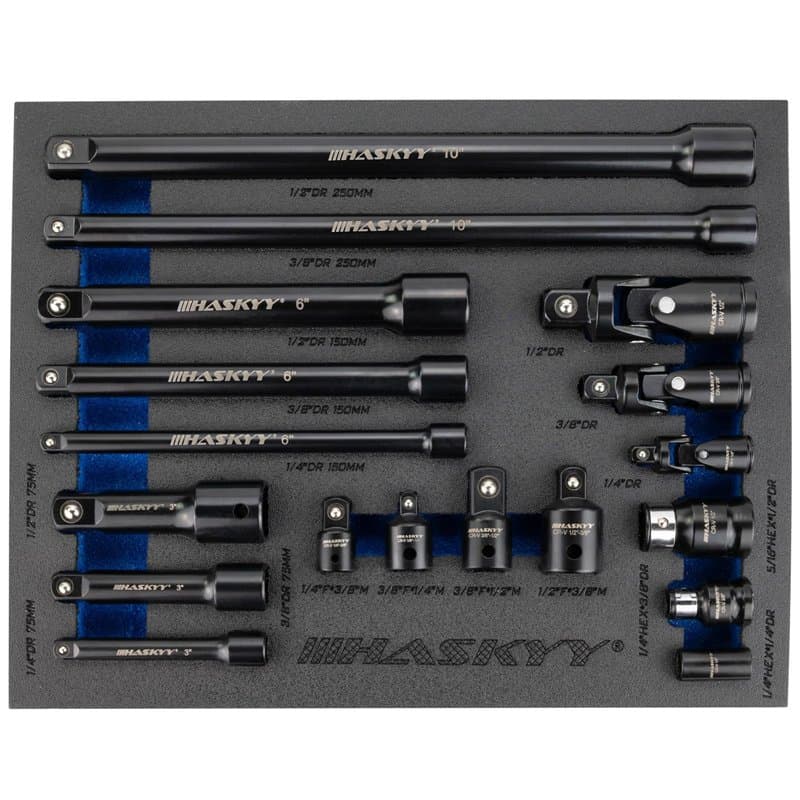 HASKYY Jeu de 18 rallonges de clé à douille 1/4", 3/8", 1/2", cliquet, adaptateur, joint de cardan, porte-embout, pièces de racc