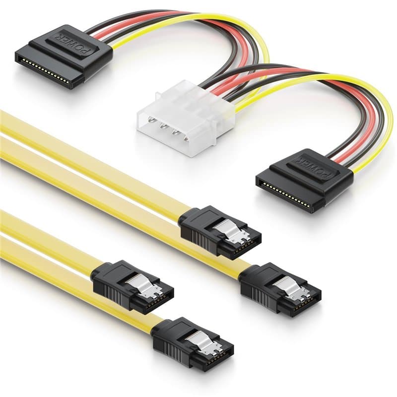 deleyCON 2x 0,5m Câbles S-ATA 3 + Adaptateur Secteur 4-Pin à 2x SATA - Câble de Données HDD SSD Avec Clip - 1x Prise Droite à 1x