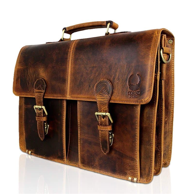 Corno d'oro Mallette en cuir pour femme et homme, Sac business multipoches pour l'ordinateur, sac cartable vintage marron