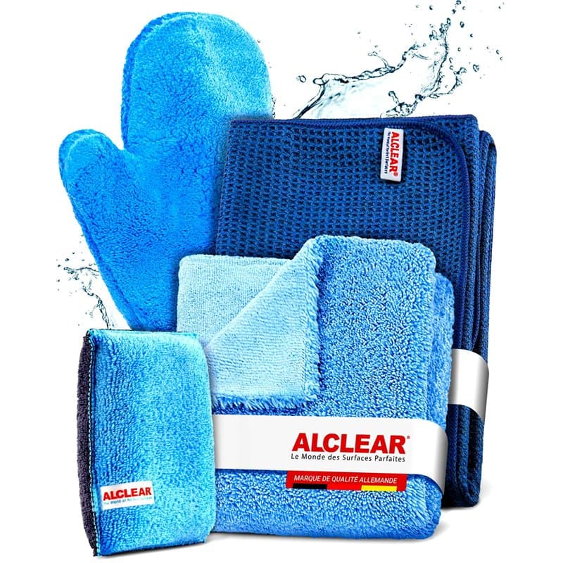 ALCLEAR 8201000 Kit d’Entretien Automobile Professionnel 4 Pièces avec Chiffon de Séchage en Microfibre, Chiffon Universel Doubl
