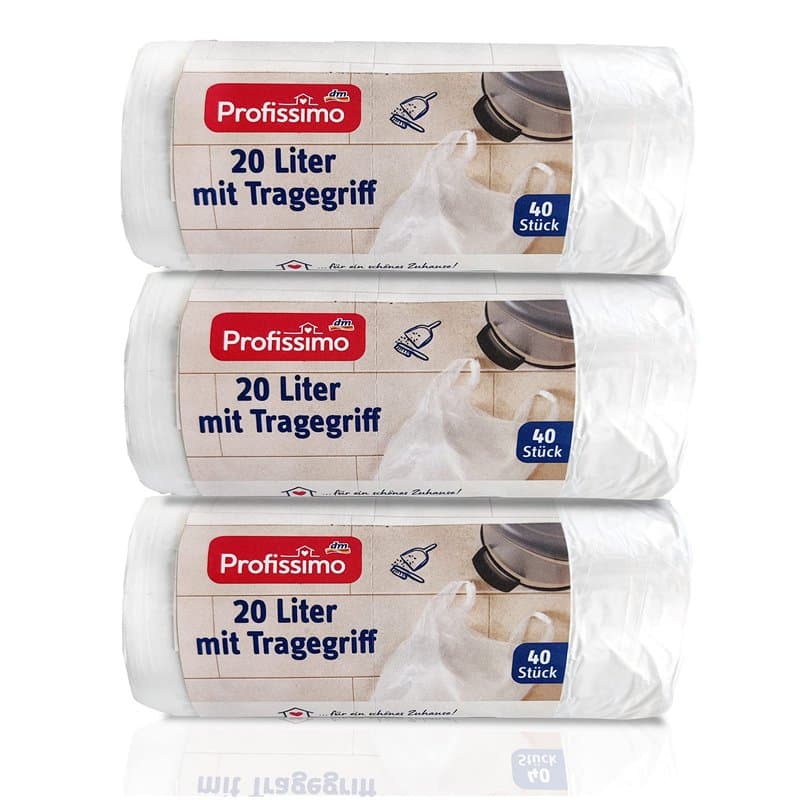 Sacs poubelle avec poignée - 20 L - Indéchirables et étanches - Lot de 3 - 120 sacs (3 x 40 sacs) - Emballage et produit recycla