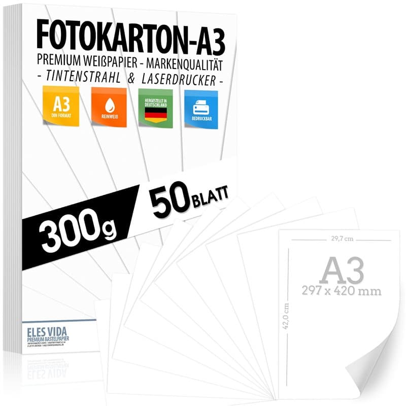Carton de Bricolage A3 300 g/m² - 50 Feuilles de Carton Photo - Papier Blanc Pur de Qualité Supérieure pour la Photographie, les