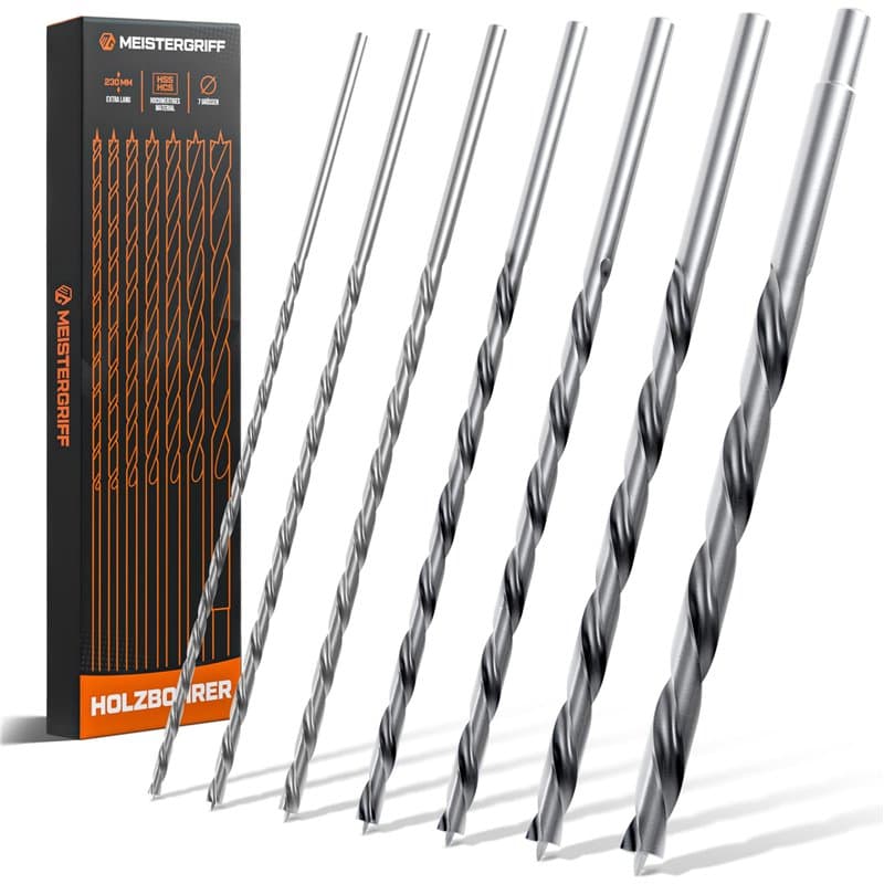 MEISTERGRIFF® Lot de 7 forets à bois longs – Forets extra tranchants – Forets hélicoïdaux stables et incassables – Diamètres 4,