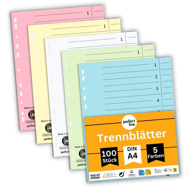perfect line - 100 intercalaires, 5 couleurs pastel – Papier recyclé solide, pour classeurs A4 et classeurs à anneaux – Certifié