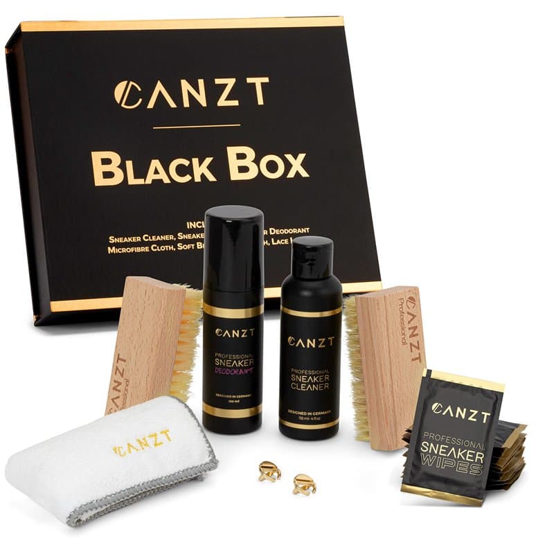 Canzt Kit Nettoyage Baskets Black Box – Nettoyant Chaussures Premium pour Cuir, Suède, Nubuck & Textile – Inclus Brosse, Lingett