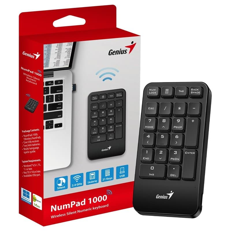 Genius NumPad 1000, pavé numérique silencieux sans fil, 2,4 GHz, récepteur USB, Plug and Play, design fin et portable