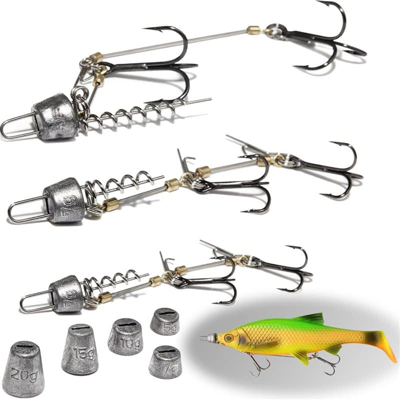 Lot de 3 crochets Stinger avec système de bas de ligne (S M L) pour appâts de tailles 10, 13,Triplés pour poissons en caoutchouc