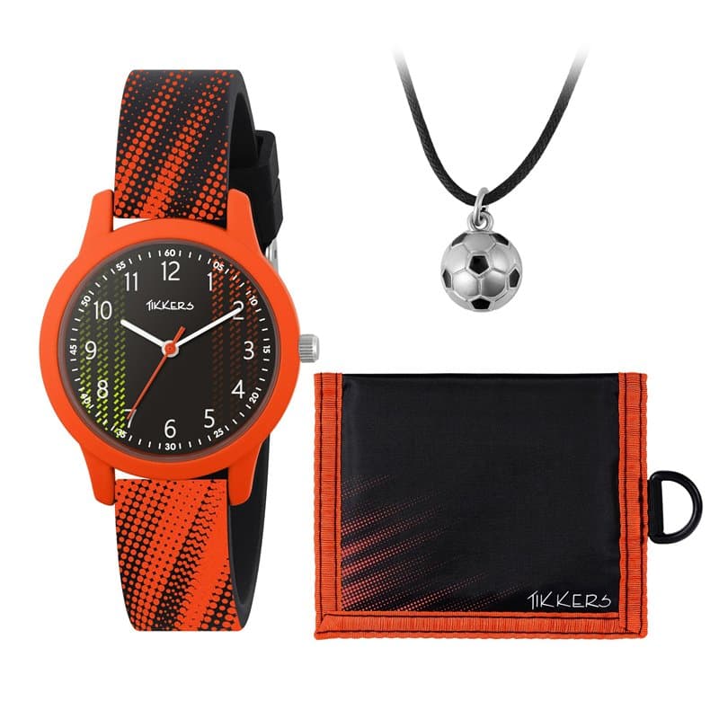 Tikkers Montre à quartz analogique pour garçon avec collier et portefeuille Noir/orange, Noir/orange, Sportif