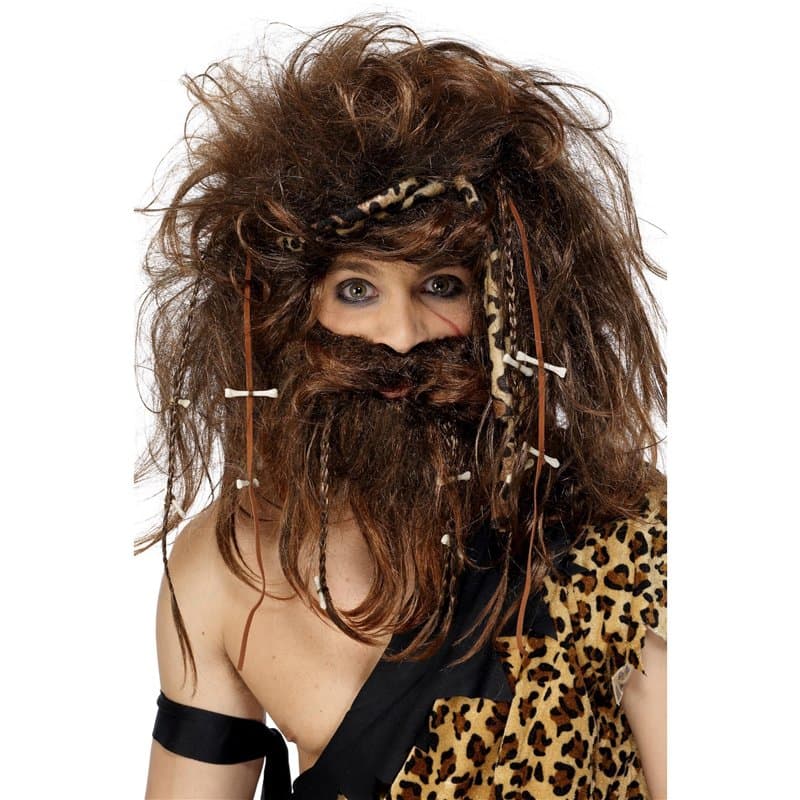 Smiffys Panoplie de l'homme des cavernes fou, marron, comprend perruque, barbe, bandeau, os & nattes