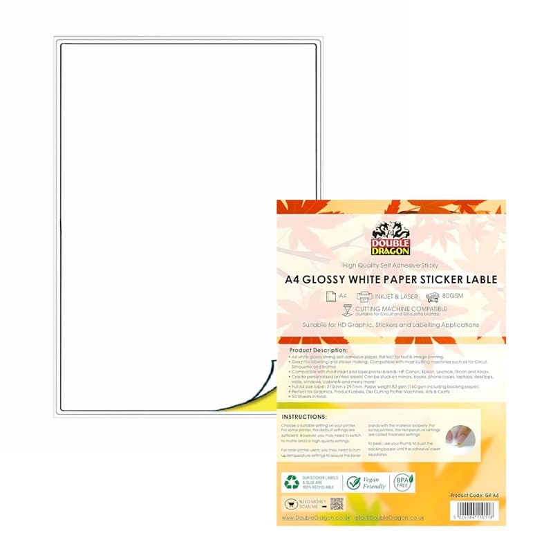 Double Dragon Papier Autocollant Blanc A4, 50 Feuilles, Étiquettes Auto-Adhésives Laser, 1 par Feuille, Idéal pour Adresses et E
