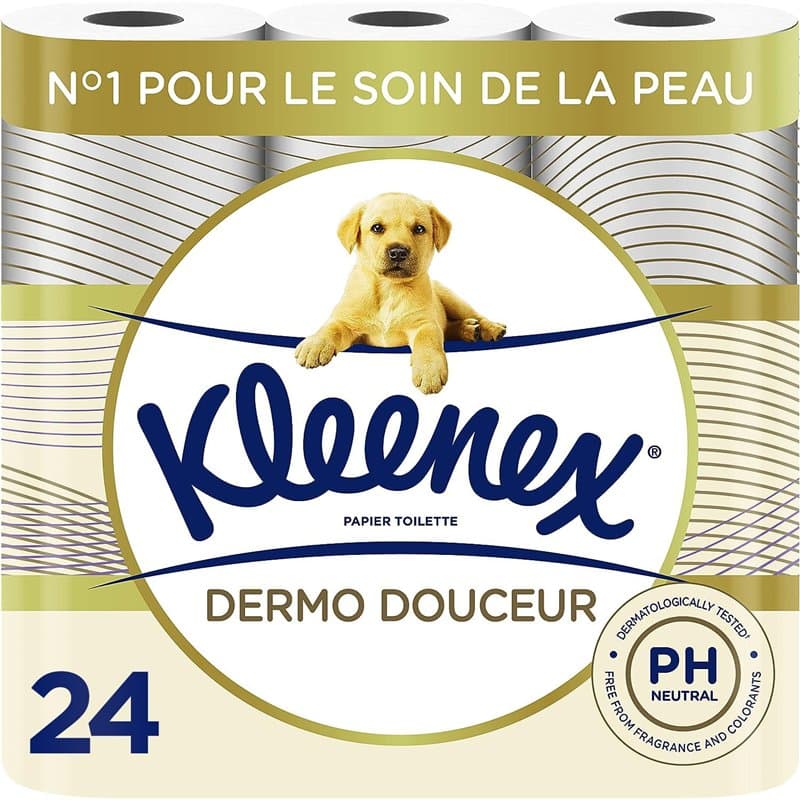 KLEENEX Dermo Douceur - Papier Toilette (4 paquets de 6 rouleaux) - triple épaisseur - 100% de fibres naturelles - sans parfum -