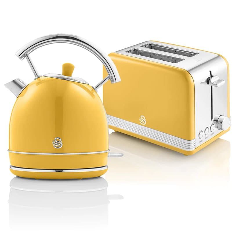 Swan Retro Ensemble Petit-Déjeuner, Bouilloire 1,8L avec Élément Chauffant en Acier INOX, Grille-Pain à Fente Large 2 Tranches,