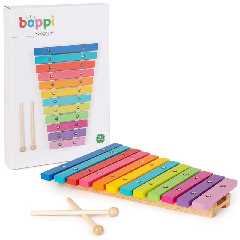 boppi Xylophone musical en bois naturel pour tout-petits et bébés avec 2 maillets en bois et 12 touches de couleur arc-en-ciel 3